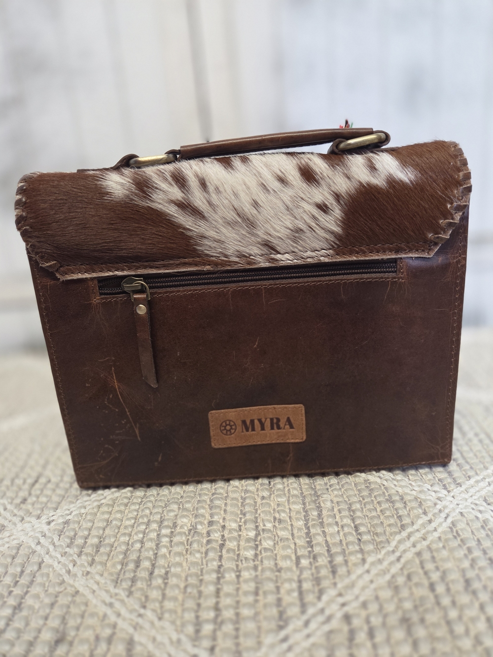 Myra Bag Dakota Dusk Handtooled BagBrown & White Cowhide Leather Crossbody Bag - Picture 3 of 7